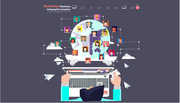 商人联系沟通世界各地。想法和概念思考创意现代设计矢量。信息图模板。图片下载