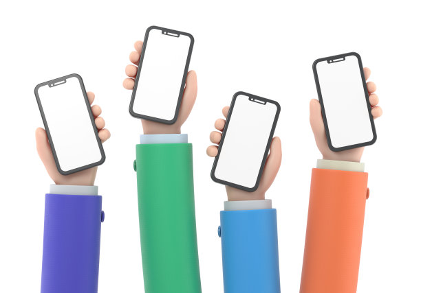 卡通手势图标模型。3d手触摸智能手机。卡通图标或使用手机的模型，白色背景的3D渲染。图片下载