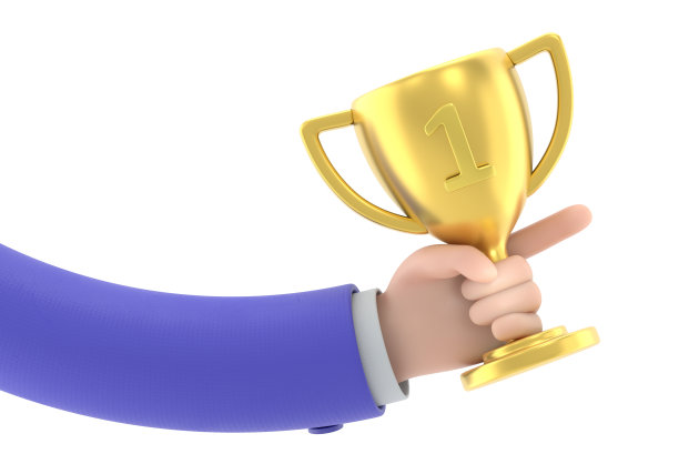 卡通手势图标模型。金奖得主手握奖杯。首位。胜利奖。获得成就。成功的象征，冠军。白色背景的3D渲染。图片下载
