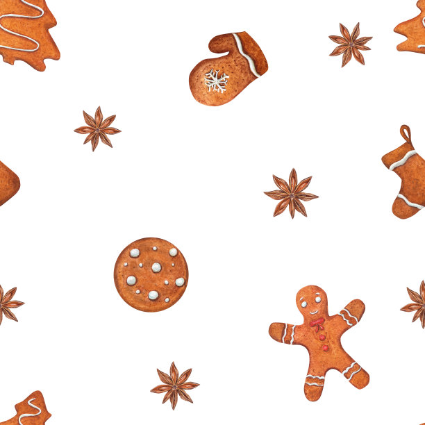 无缝图案的水彩圣诞姜饼饼干孤立在白色的背景。插图姜饼人，袜子，手套，云杉和八角为房间装饰，印花，纺织品设计。图片下载