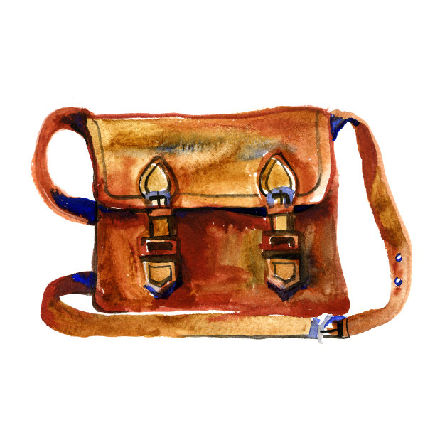 复古的皮包设计。水彩手绘邮差袋插图孤立的白色。书包概念剪贴画。复古的老式包剪贴画。图片下载