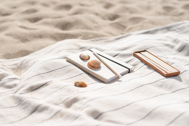 海滩上的毯子上放着一本笔记本和一套装饰着贝壳的铅笔。图片下载