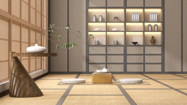 木制茶具台日本传统短腿桌，圆坐垫，陶瓷茶壶，茶杯，阳光下的shoji窗，藤条门橱柜墙图片下载