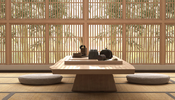 木制茶具台日本传统短腿桌，圆坐垫，黑色陶瓷茶壶，茶杯，阳光下的shoji窗，白色墙壁图片下载