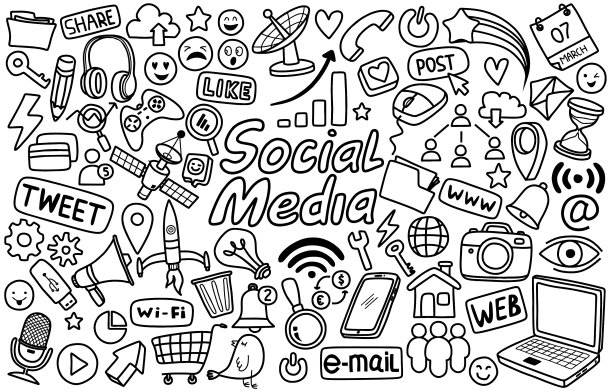 手绘一套社交媒体标志和符号涂鸦元素。隔离在白色背景上图片下载
