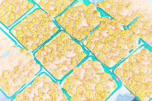 一箱箱农贸市场的金色覆盆子图片下载