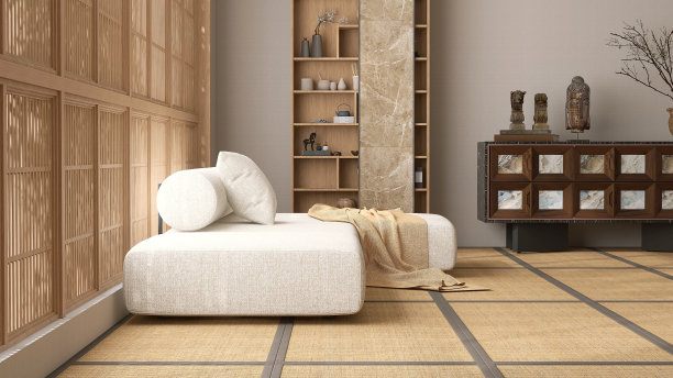 现代，简约的白色织物支撑后角沙发，靠垫，木制橱柜，日本传统榻榻米地板上的橱柜，阳光从木制的shoji窗户照射进来图片下载