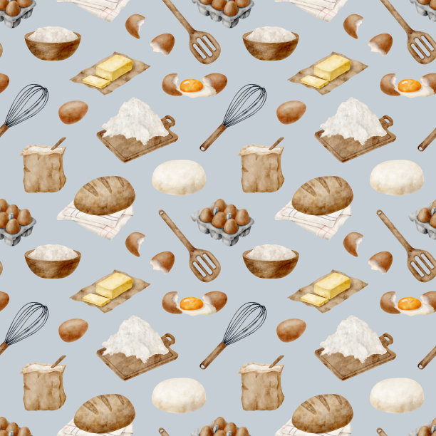 水彩烘烤配料和工具无缝图案。在浅蓝色背景上手绘面粉，鸡蛋，黄油，搅打液，面团。烹饪用具。糕点制品、用品。烘焙、包装设计。图片下载