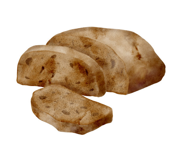 水彩面包插图。手绘的黑麦面包片孤立在白色的背景上。烘焙食谱。新鲜糕点的菜单，食谱，咖啡馆，面包店。图片下载