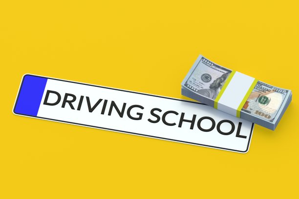 车牌号上的驾校铭文和一堆钱。驾驶课程费用。三维渲染图片下载