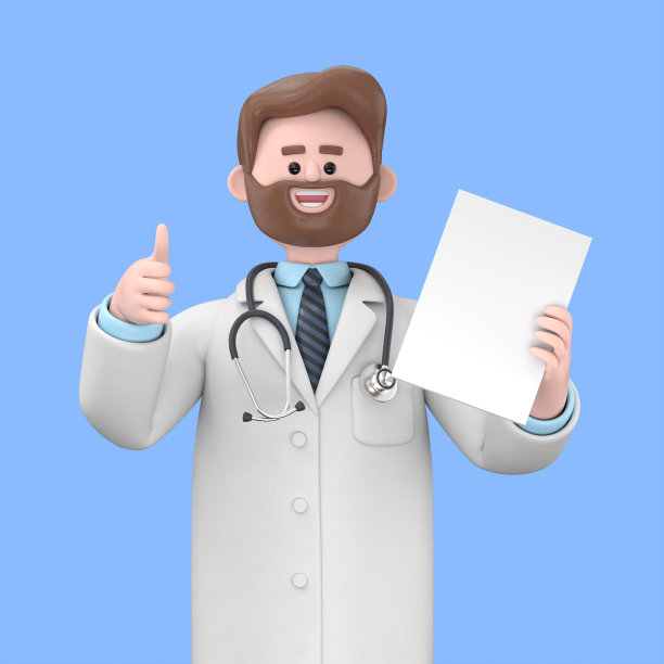 男医生艾弗森的三维插图拿着标书大拇指向上，医学演示剪贴画隔离在蓝色背景图片下载