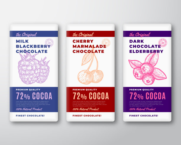 原来最好的巧克力抽象向量包装设计标签集。现代排版和手绘黑莓和樱桃与接骨木草图剪影背景布局。图片下载