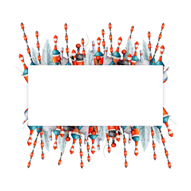 水彩画矩形框架从各种钓鱼bobblers，红，白，蓝，黑与钓鱼线。垂钓器用于壁纸，标志，横幅，图标，卡片，传单，纺织品，明信片，包装纸，贴纸，壁纸图片下载