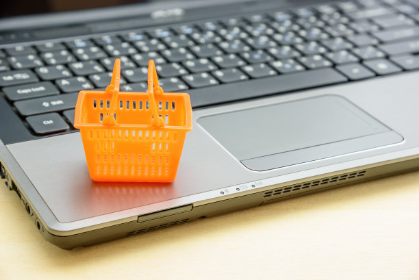 网上购物和商品配送服务，电子商务概念:家用塑料篮子和笔记本电脑，描绘消费者或买家通过互联网方便地从家中购买商品图片下载