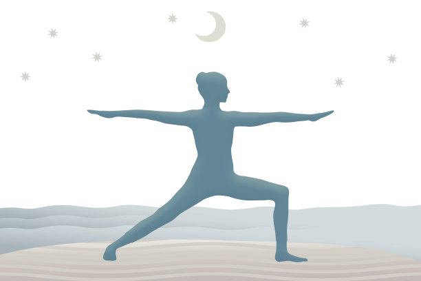一个人在海边做瑜伽战士姿势的剪影图片下载
