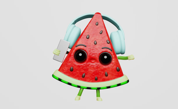 酷酷的西瓜戴着耳机跳舞听音乐夜总会音乐节创意3D人物。夏天的乐趣新鲜多汁的水果时尚充满活力的颜色派对横幅海报舞蹈移动卡通专辑封面图片下载