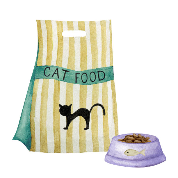 猫粮包装，丸子。给宠物喂粗粮。以宠物护理为主题的水彩元素，为一家宠物店的商品。图片下载