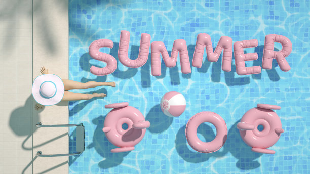 鸟瞰图，女子坐在泳池上，暑假背景图片下载