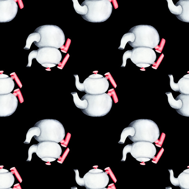 土耳其的茶壶。水彩无缝图案在一个黑暗的背景。可用于纺织设计、纸制品图片下载