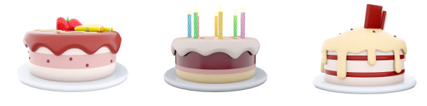 3d渲染草莓蛋糕与巧克力糖霜和草莓顶部的一片柠檬，生日蛋糕与蜡烛，香草甜点与巧克力图标集。3d渲染甜点图标集图片下载
