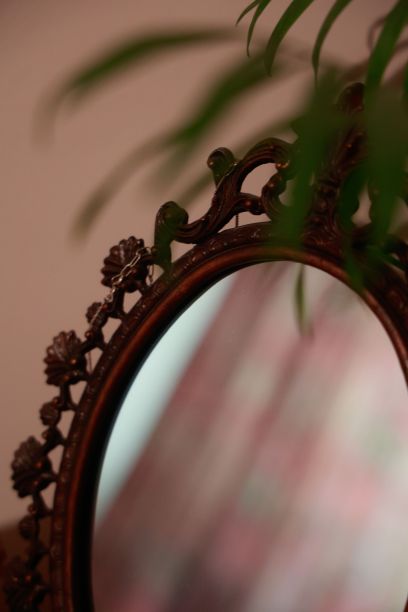 小圆镜，镜框设计复杂，房间里有绿色盆栽图片下载