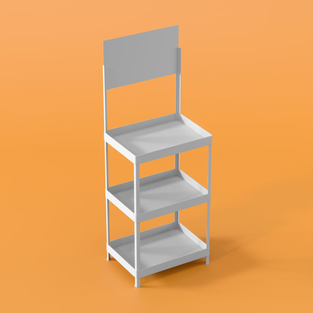 白色POS POI纸板地板展示架超市空白空显示与货架产品在橙色背景隔离。3d渲染图片下载