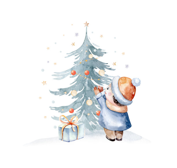 水彩圣诞快乐插图雪人，圣诞树，圣诞老人假期邀请。圣诞礼物庆祝卡。冬季新年设计。图片下载
