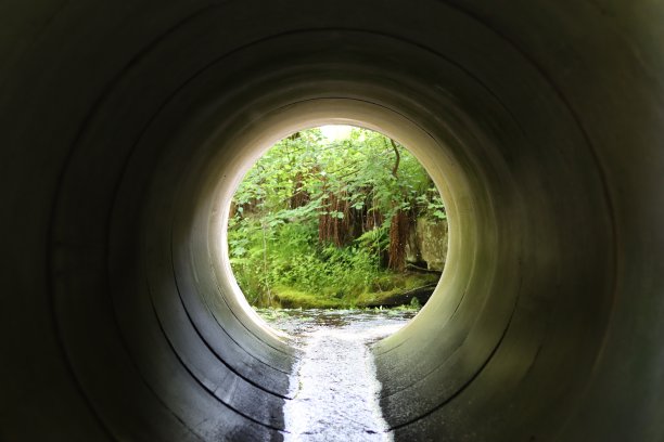 从一条圆形的混凝土隧道看过去，隧道下面有一条小溪图片下载