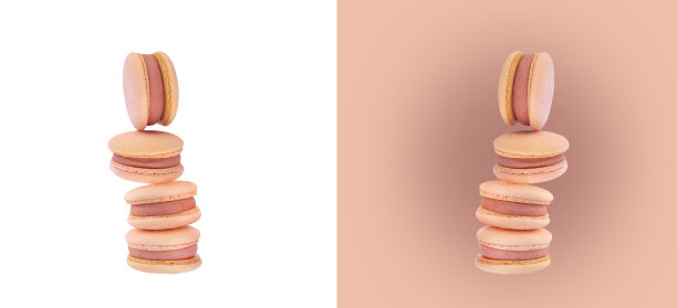 白色背景上的粉色马卡龙和粉色背景上的粉色马卡龙图片下载