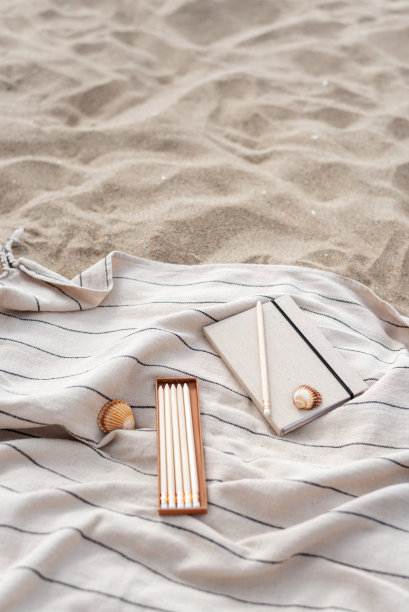 海滩上的毯子上放着一本笔记本和一套装饰着贝壳的铅笔。图片下载