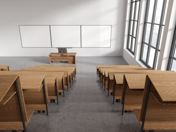 现代教室内部的俯视图，有一排长凳和模拟黑板图片下载