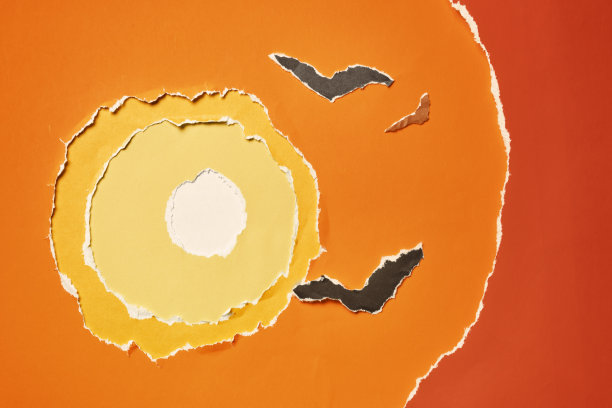 一层又一层的边缘被撕破的彩色纸。鸟儿在太阳前面。暖色抽象背景。图片下载