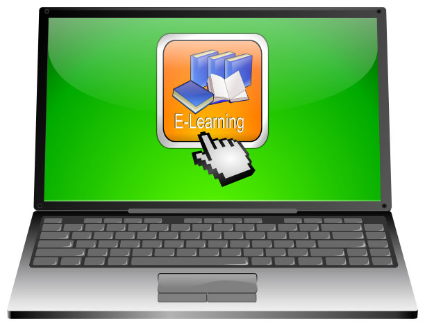 笔记本电脑与电子学习按钮与光标-三维插图图片下载