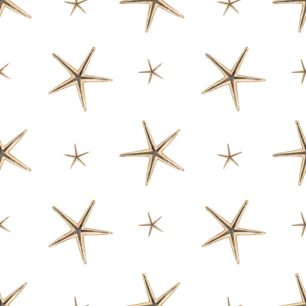 海星无缝图案。手绘水彩插图的海星点缀白色孤立的背景。海贝纹理图，用于海洋风格的包装纸或纺织品设计图片下载