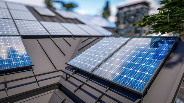 现代舒适小屋屋顶上的太阳能电池板的3d渲染图片下载