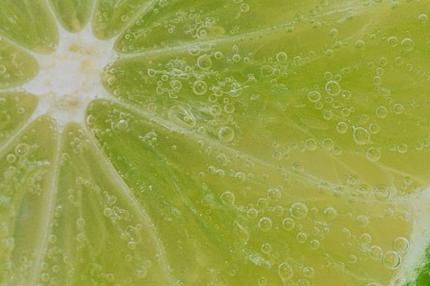 柠檬片在有气泡的液体中的特写。把成熟的酸橙片泡在水里。被气泡覆盖的新鲜酸橙片特写。微距水平图像。图片下载