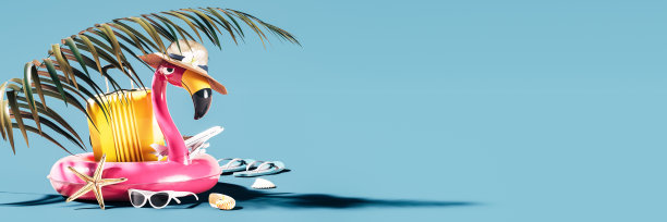 粉红色的火烈鸟与旅行行李和棕榈叶在蓝色背景与复制空间。图片下载