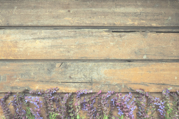 Lavender and sage flowers on a wooden table close-up. Horizontal planks of dark old wood with purple and blue flowers and leaves around the edges. Still life and flat lay. Free copy space for text图片下载