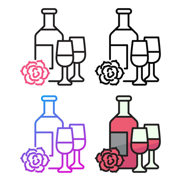 香槟和玫瑰图标设计在四个变化的颜色图片下载