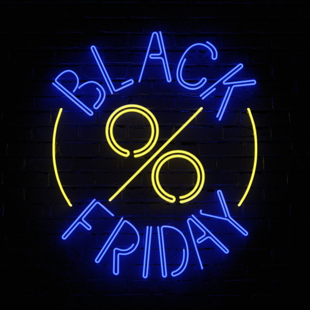 黑色背景上发光的霓虹铭文黑色星期五。图片下载