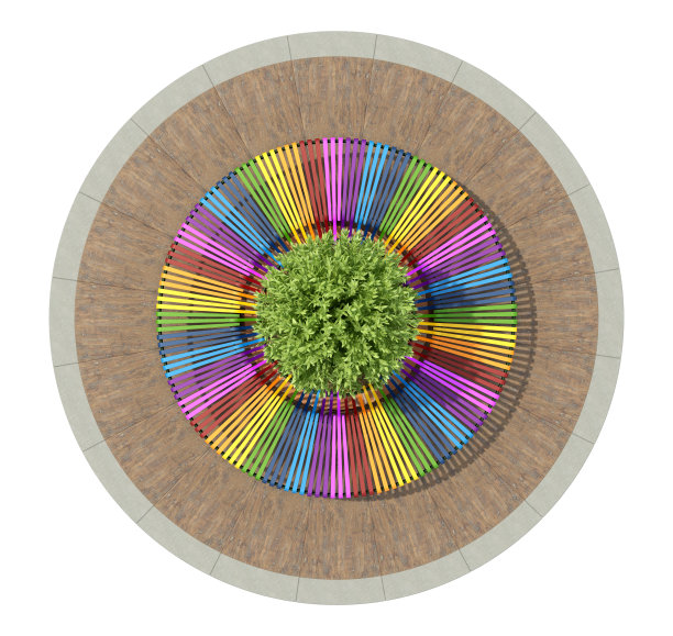 木制人行道上的彩色圆形长凳和白色孤立的灌木丛的俯视图图片下载