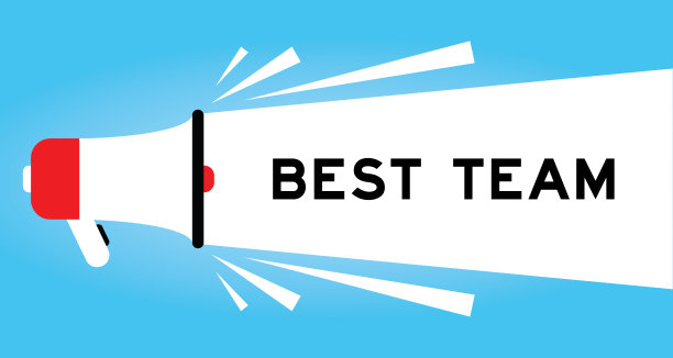 彩色扩音器图标与字最好的团队在白色横幅上蓝色的背景图片下载