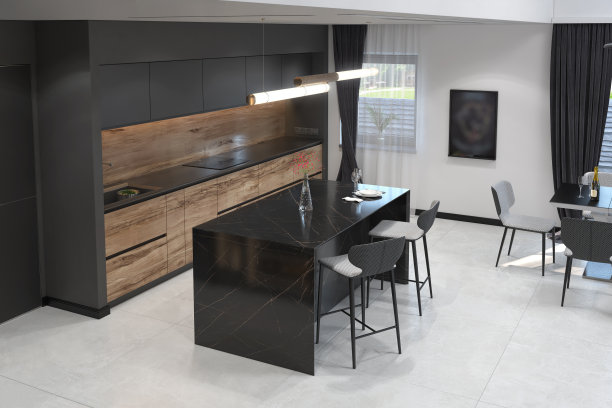 开放式餐厅安排，与厨房匹配，3D渲染图片下载