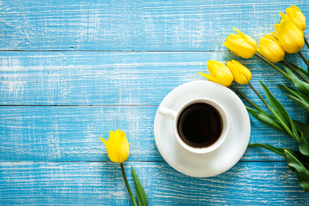 蓝色背景上的一束黄色郁金香和一杯咖啡，俯视图。图片下载
