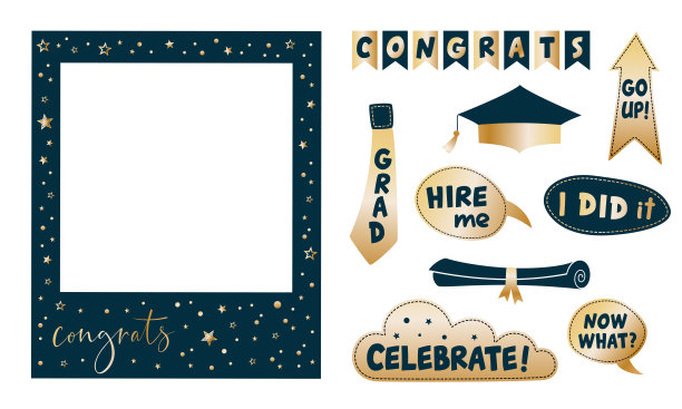 毕业派对照相亭道具。框架与祝贺字母文本，照相亭矢量元素。自拍的概念。恭喜毕业生。金色和黑色装饰庆祝图片下载