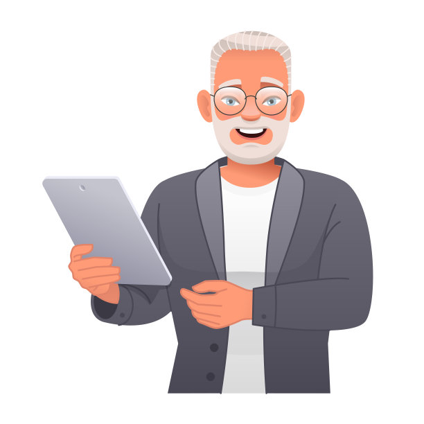 快乐的灰发老人戴着眼镜手持平板电脑，在移动应用上浏览互联网和工作。图片下载