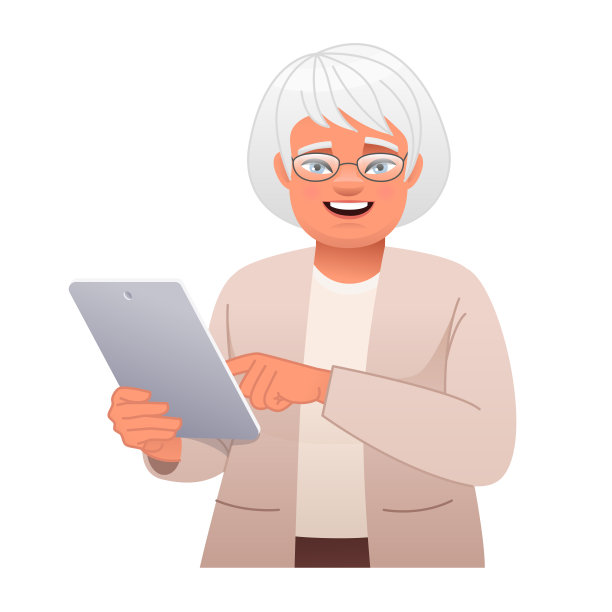 戴眼镜的快乐老妇人手持平板电脑，用另一只手比划着，正在网上冲浪图片下载