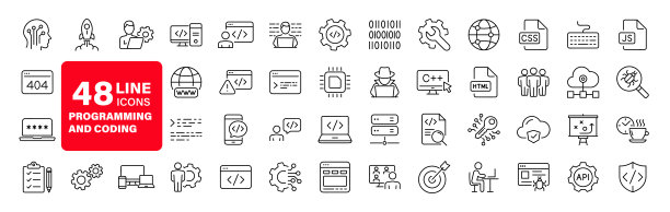 编程编码集的网页图标在行的风格。用于web和移动应用程序的软件开发图标。代码，api，程序员，开发人员，信息技术，编码员等。矢量图图片下载
