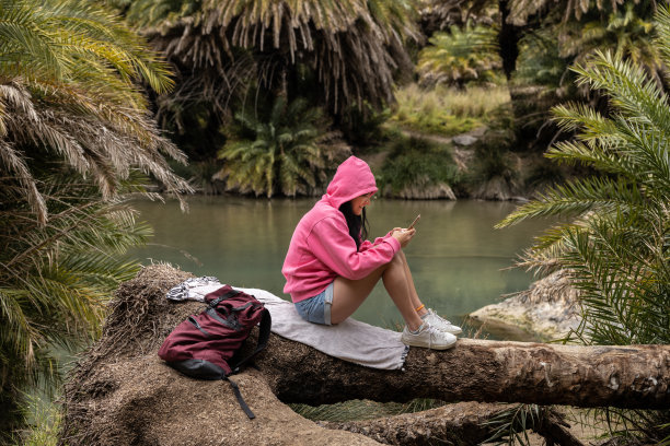 希腊克里特岛，女孩坐在河边被棕榈枝围起来的树上，看着手机图片下载