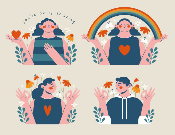 心理健康支持概念。一套可爱的剪贴画与女人，男人，好的手势，彩虹，文字，花，心。现代人，谁拿着彩虹，谁就表现得好。心理健康支持。图片下载